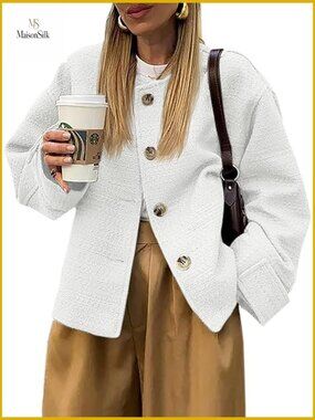 Oversized Tweed Blazer Long Sleeve Button Down Cropped Jacket with Pockets